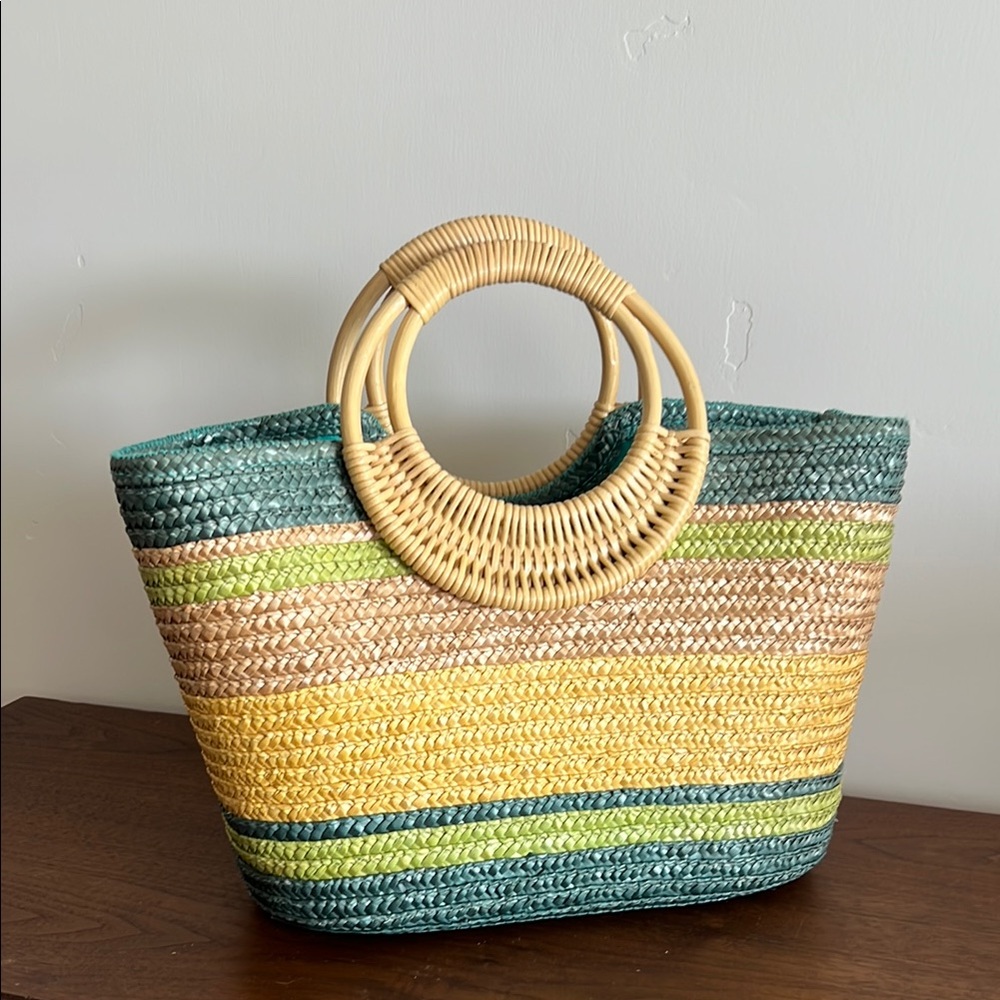 Striped Woven Tote Bag with Circular Handles